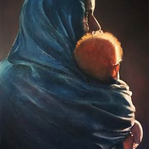 Mujer con niño al ponerse el sol., original Landscape Oil Painting by TOMAS CASTAÑO