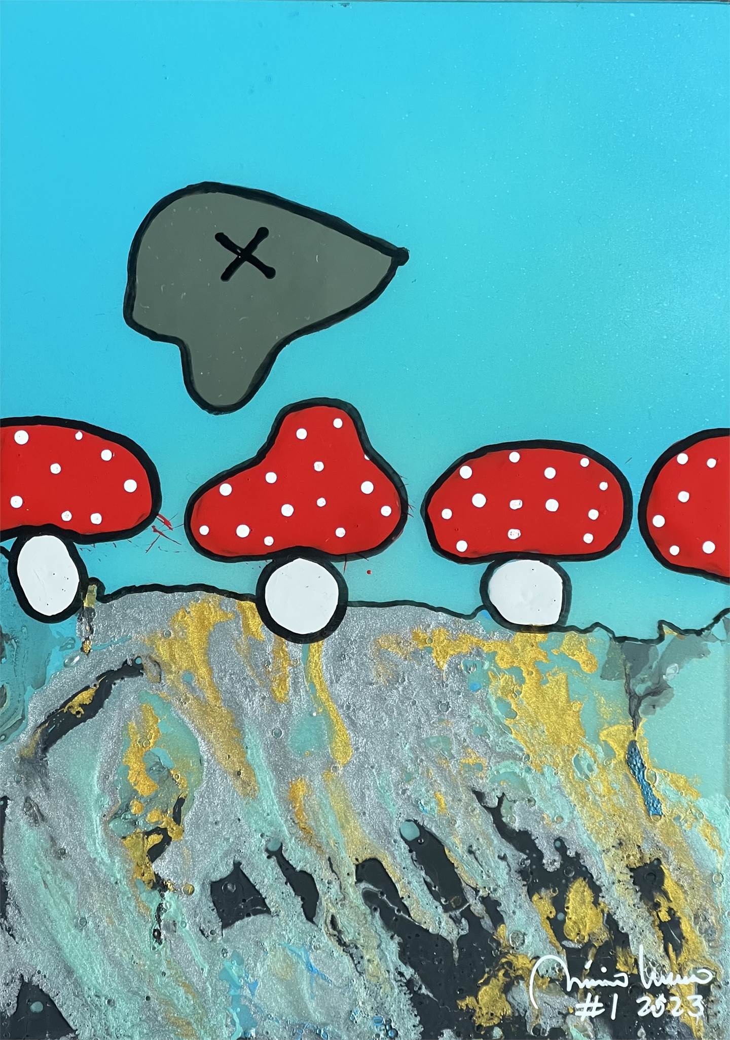 The mushrooms and the cloud #1, original Animals Mixed Technique Painting by Mario Louro