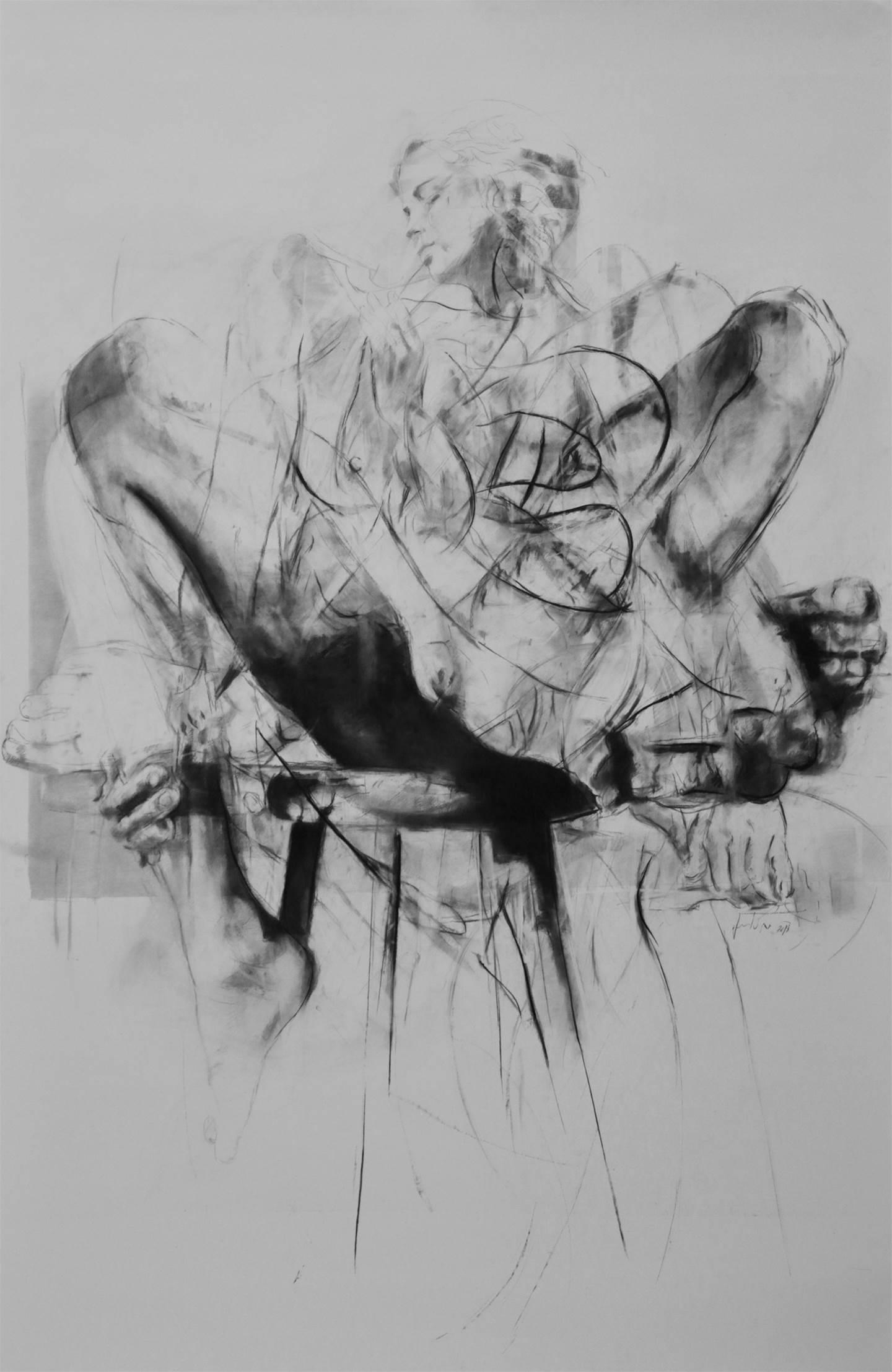 Erota (seated muse'2), original B&W Charcoal Drawing and Illustration by Juan Domingues