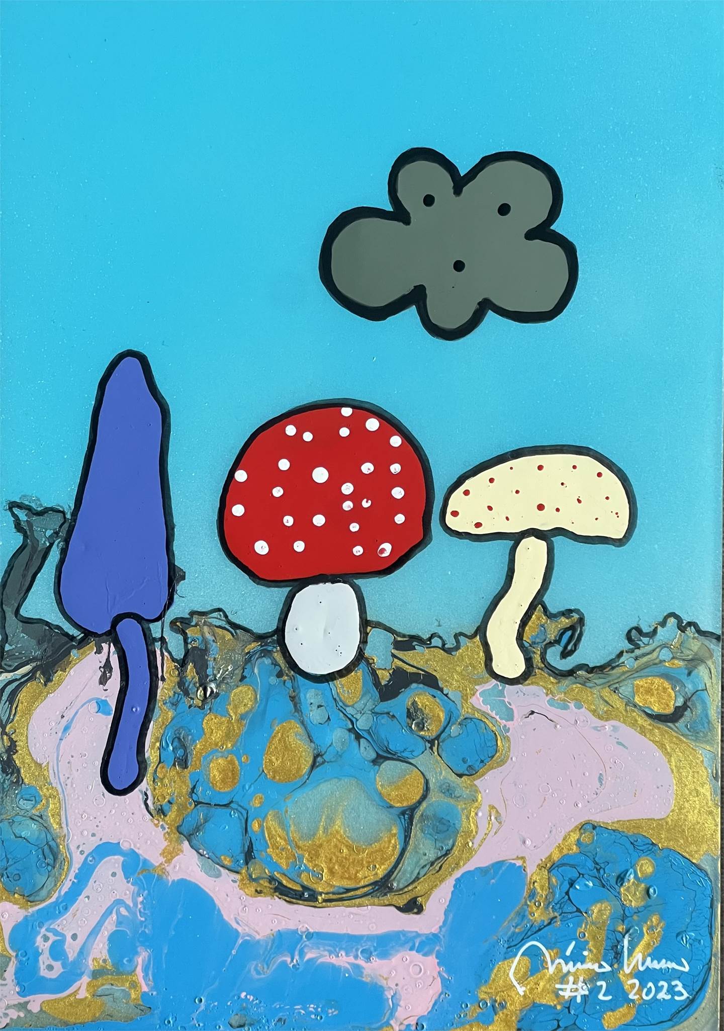 Mushrooms and the cloud, original Animals Acrylic Painting by Mario Louro