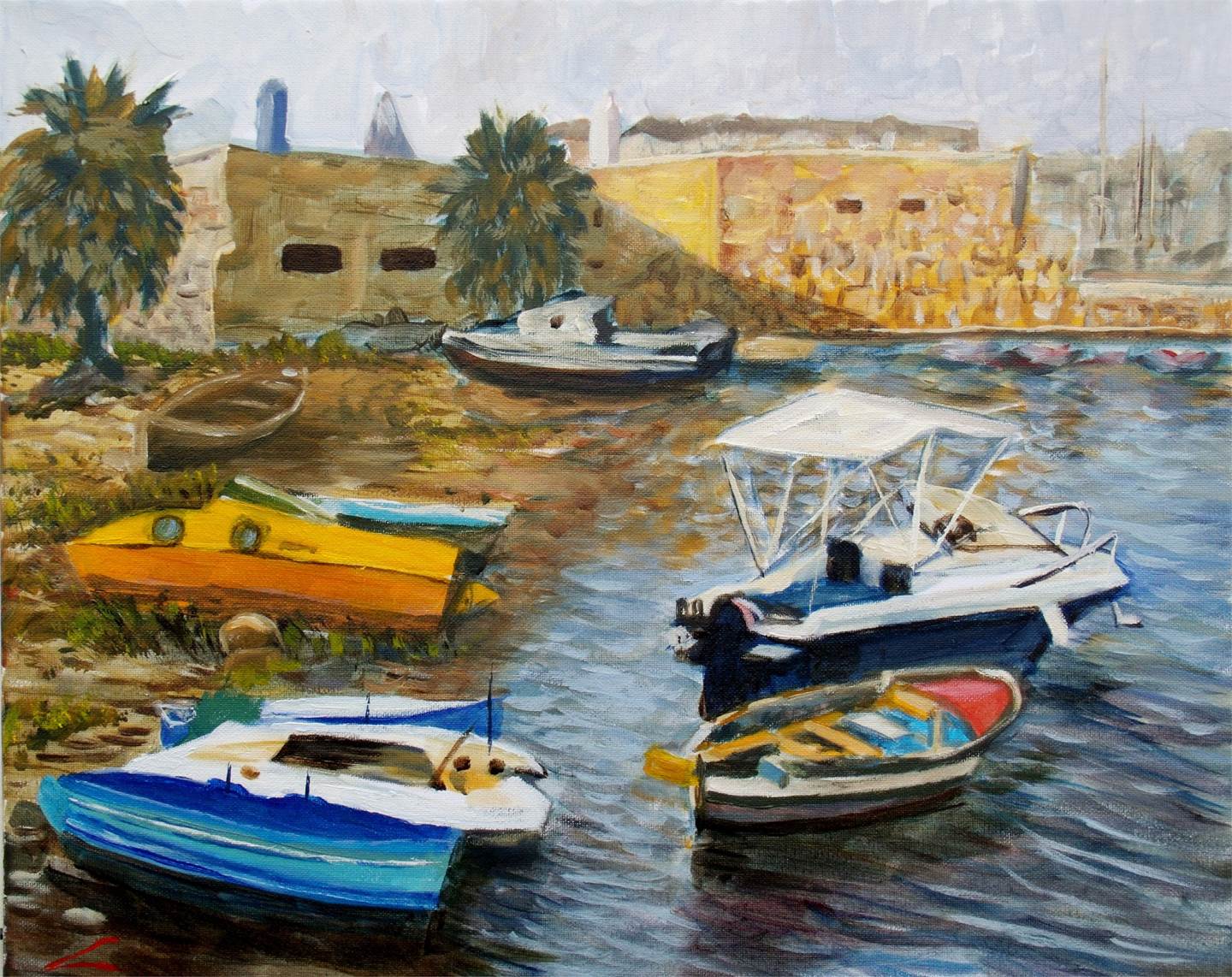 Boats haven, original Landscape Oil Painting by Elena Sokolova