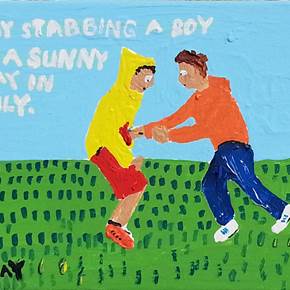 Bad Painting number 05: Boy stabbing a boy on a sunny day in July, original Human Figure Acrylic Painting by Jay Rechsteiner