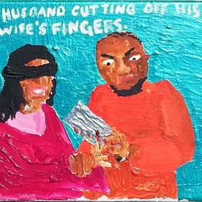 A husband cutting off his wife's fingers, original Avant-Garde Acrylic Painting by Jay Rechsteiner