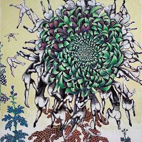 Green Chrysanthemum, original Grande Técnica Mixta Pintura de Clara Martins